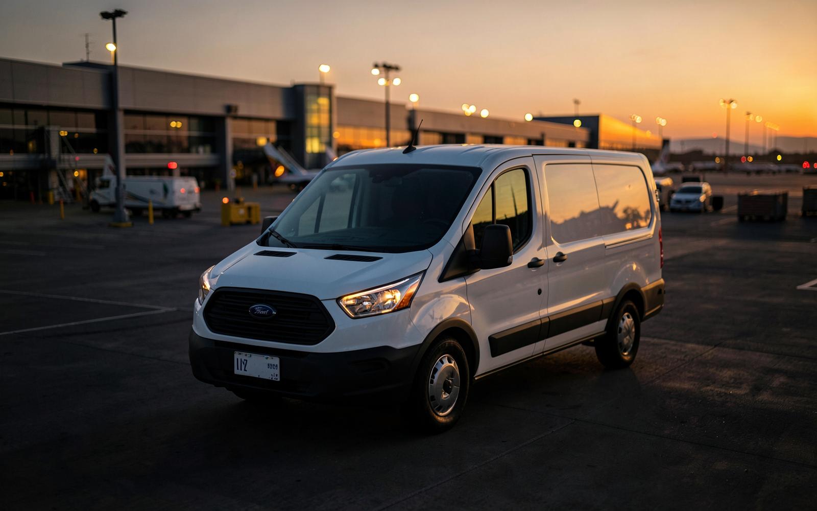 Ford Transit 150 cargo van at LAX airport freight area at dusk